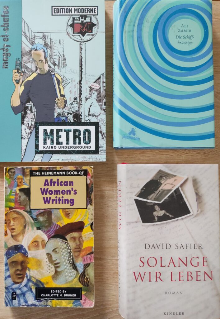 Covers of Kairo, Die Schiffbruechige, African Women's Writing, and Solange wir leben