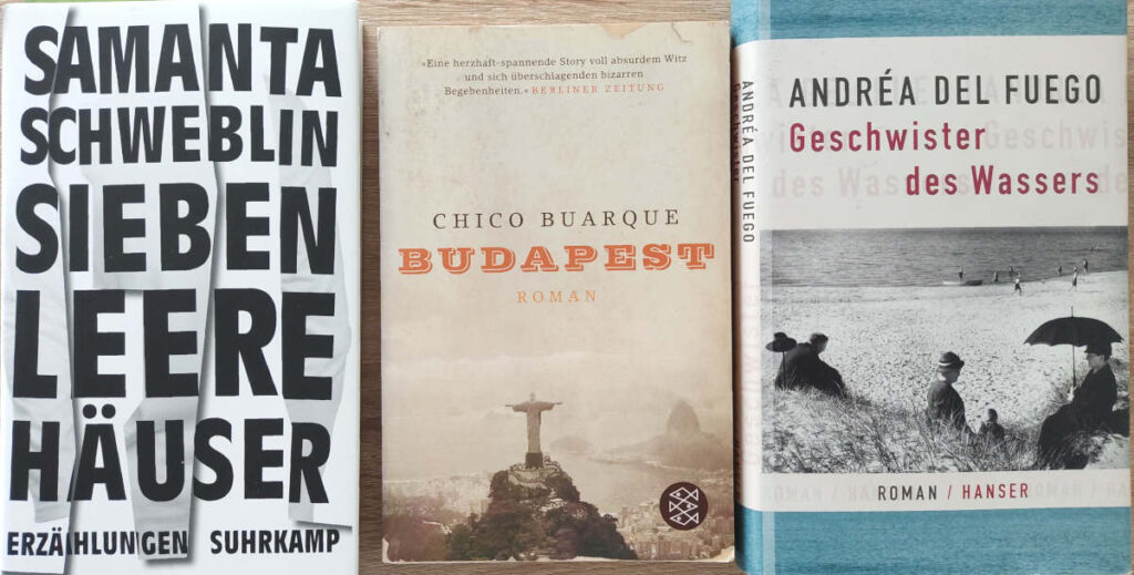 covers of Sieben Leere Haeuser, Budapest, and Geschwister des Wassers.