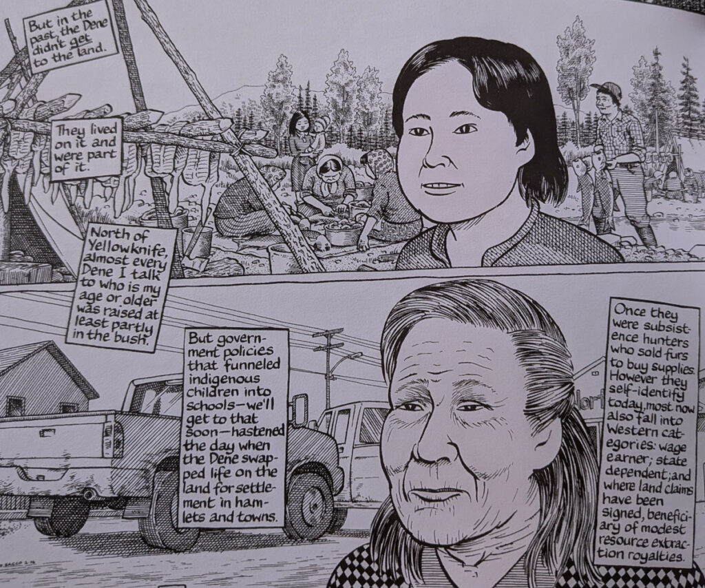 Two panels, showing the same character young in from of a background of traditional activity, and old in front of scenes of the modern world.