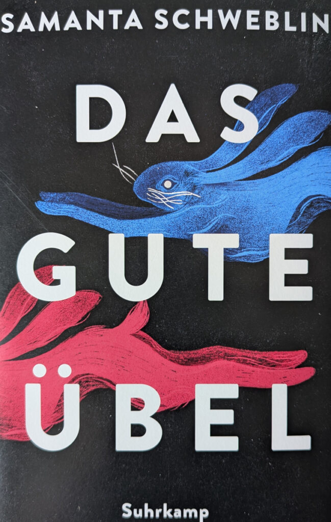 cover of Das gute Übel, by Samanta Schweblin. It's a Time War-like red and blue hare motif