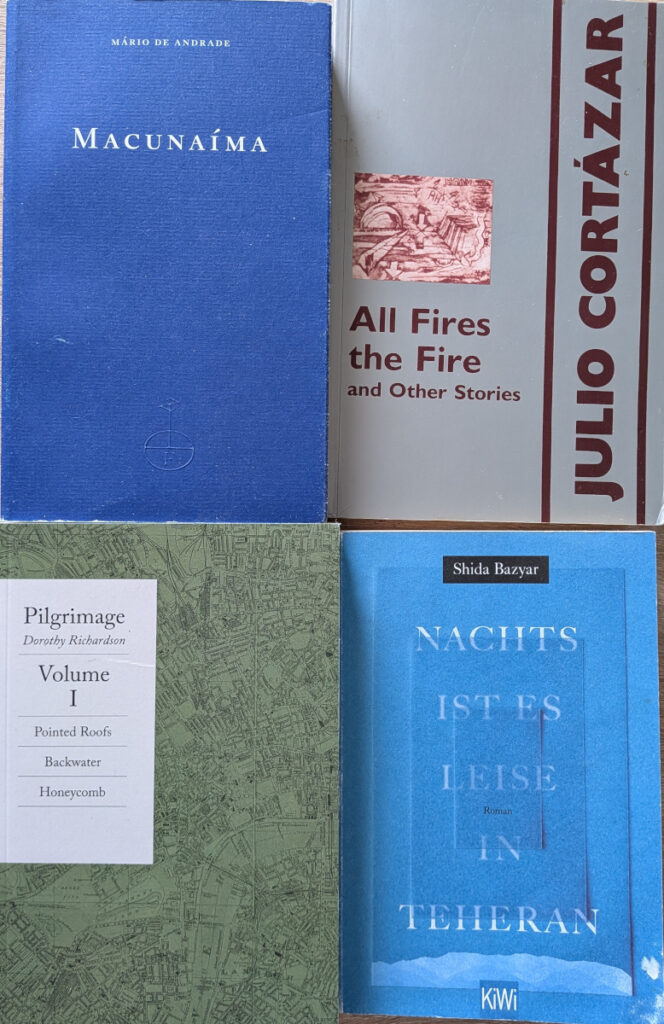 Covers of Macunaíma, All Fires the Fire, Pilgrimage volume 1, and Nachts ist es leise in Teheran.