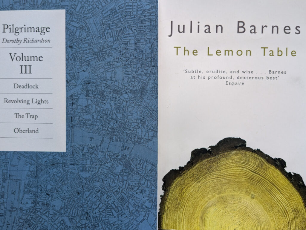 Covers of Deadlock and Revolving Lights by Dorothy Richardson, and The Lemon Table by Julian Barnes.